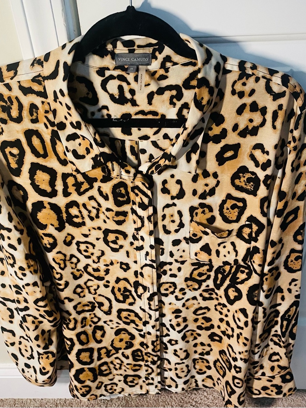 Vince Camuto Black Tan Cream Leopard Print Button Down Blouse (Women’s Top)